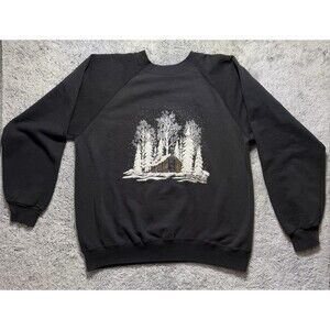 Vtg 90s Hanes Activewear Sweatshirt Puff Print Winter Snow Cabin Granny Boxy Med